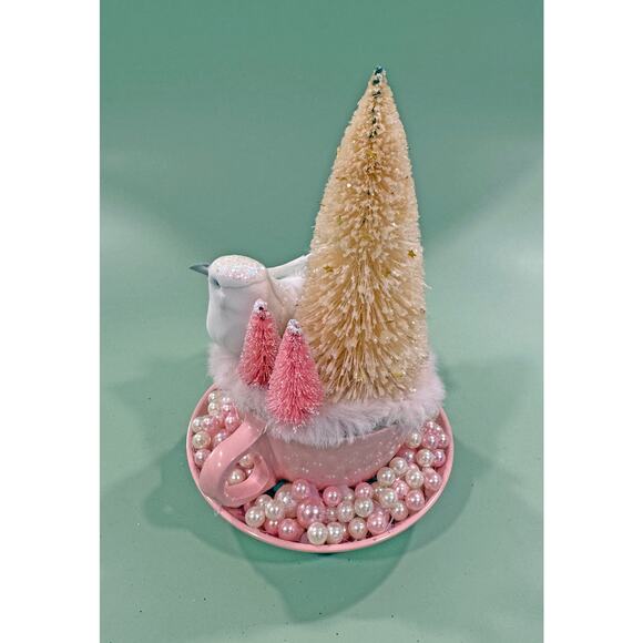 Pink Melmac Cup Christmas Assemblage w/ Bird & Bottle Brush Trees - Picture 5 of 7